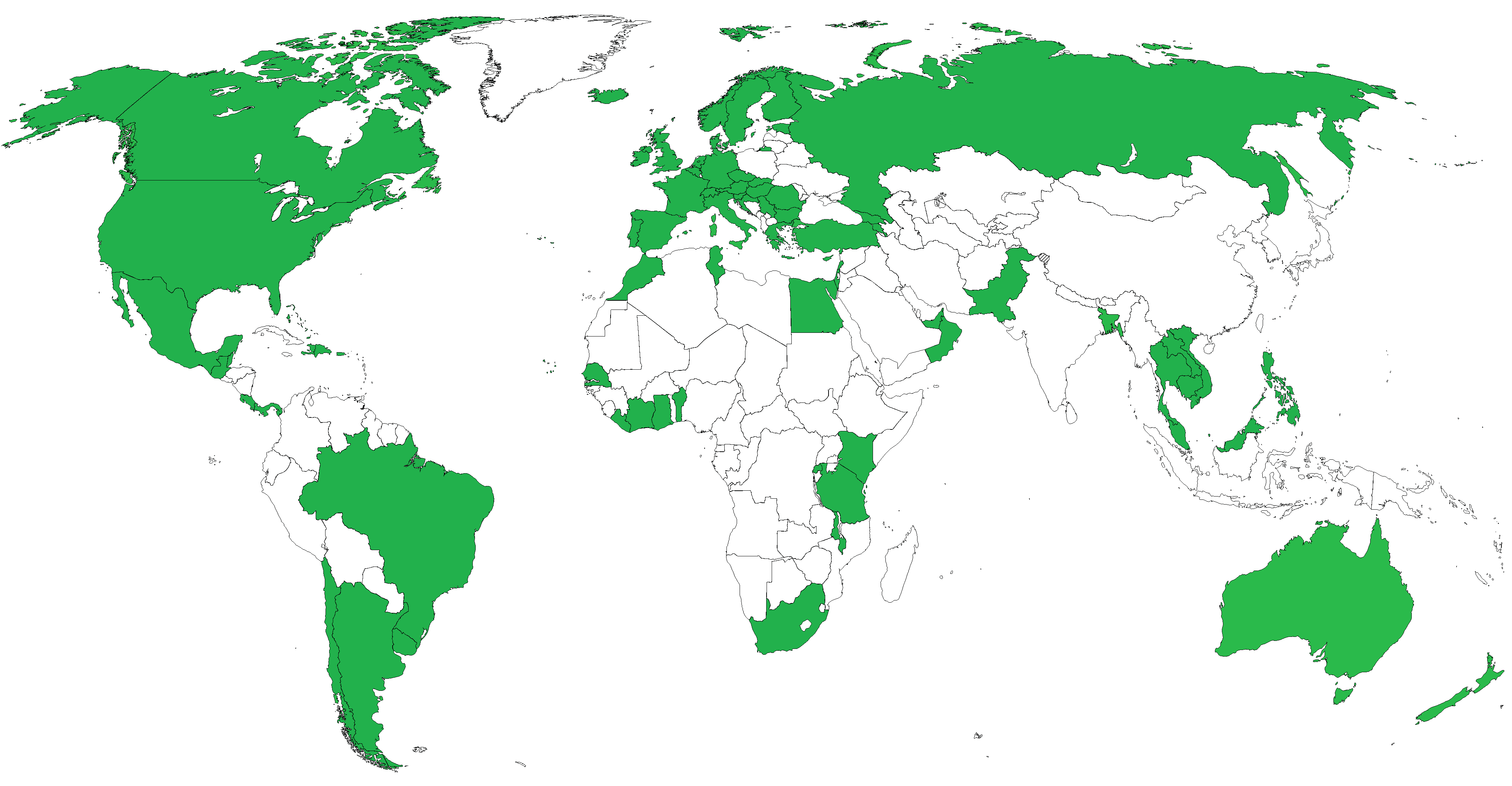 A world map, forming a graphical representation of the list above